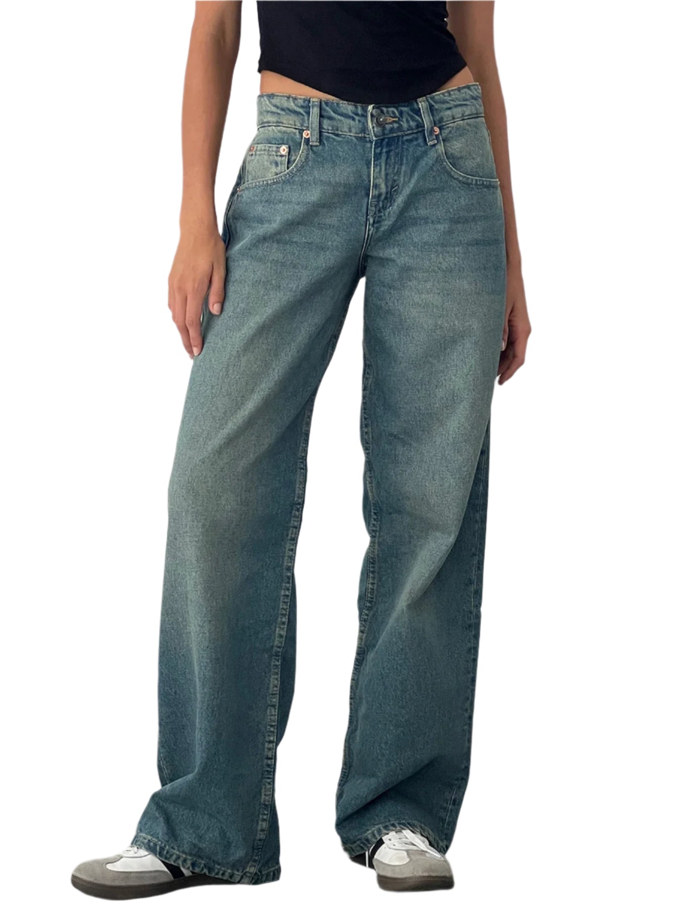 ג'ינס באגי כחול בגזרה גבוהה לנשים סגנון streetwear