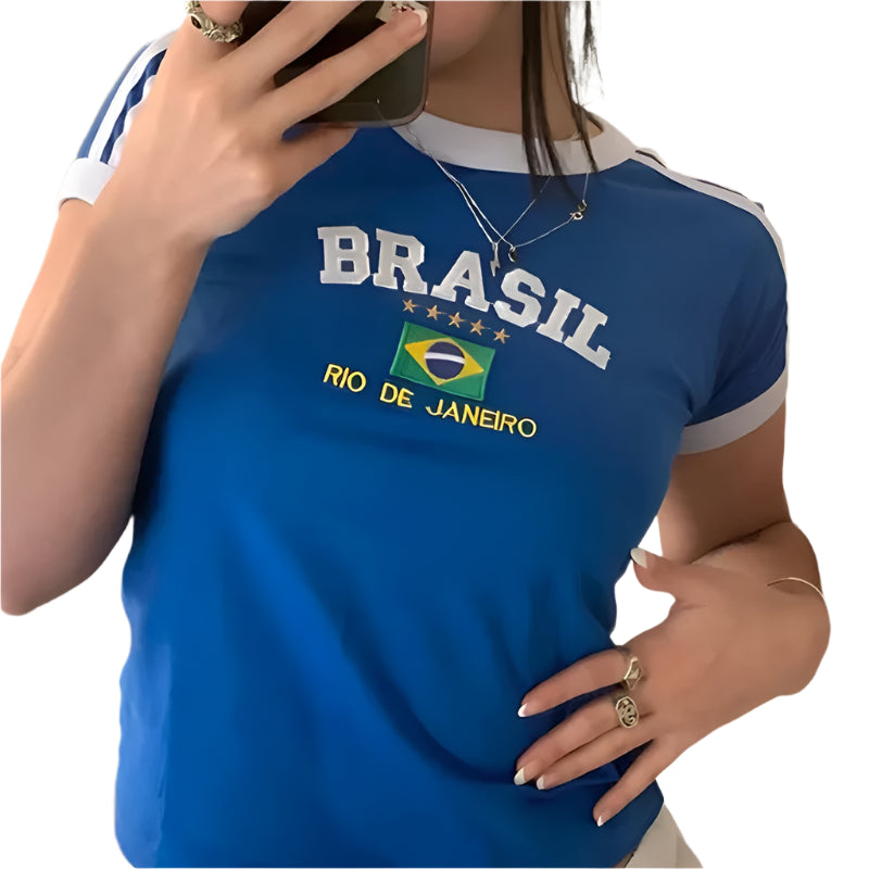 טי שירט קרופ לנשים עם הדפס BRASIL וינטג' Y2K