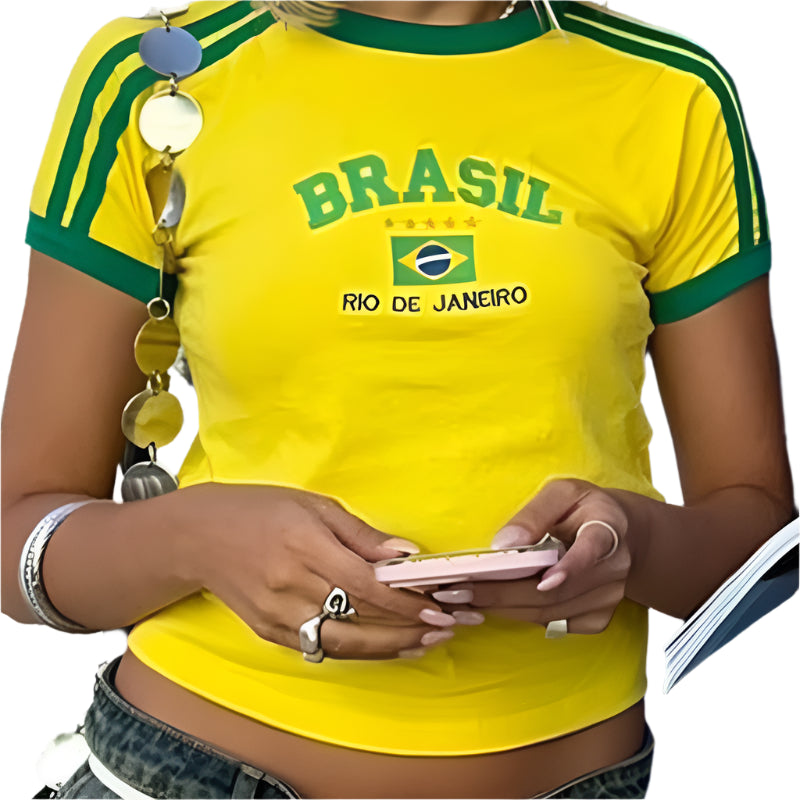 טי שירט קרופ לנשים עם הדפס BRASIL וינטג' Y2K