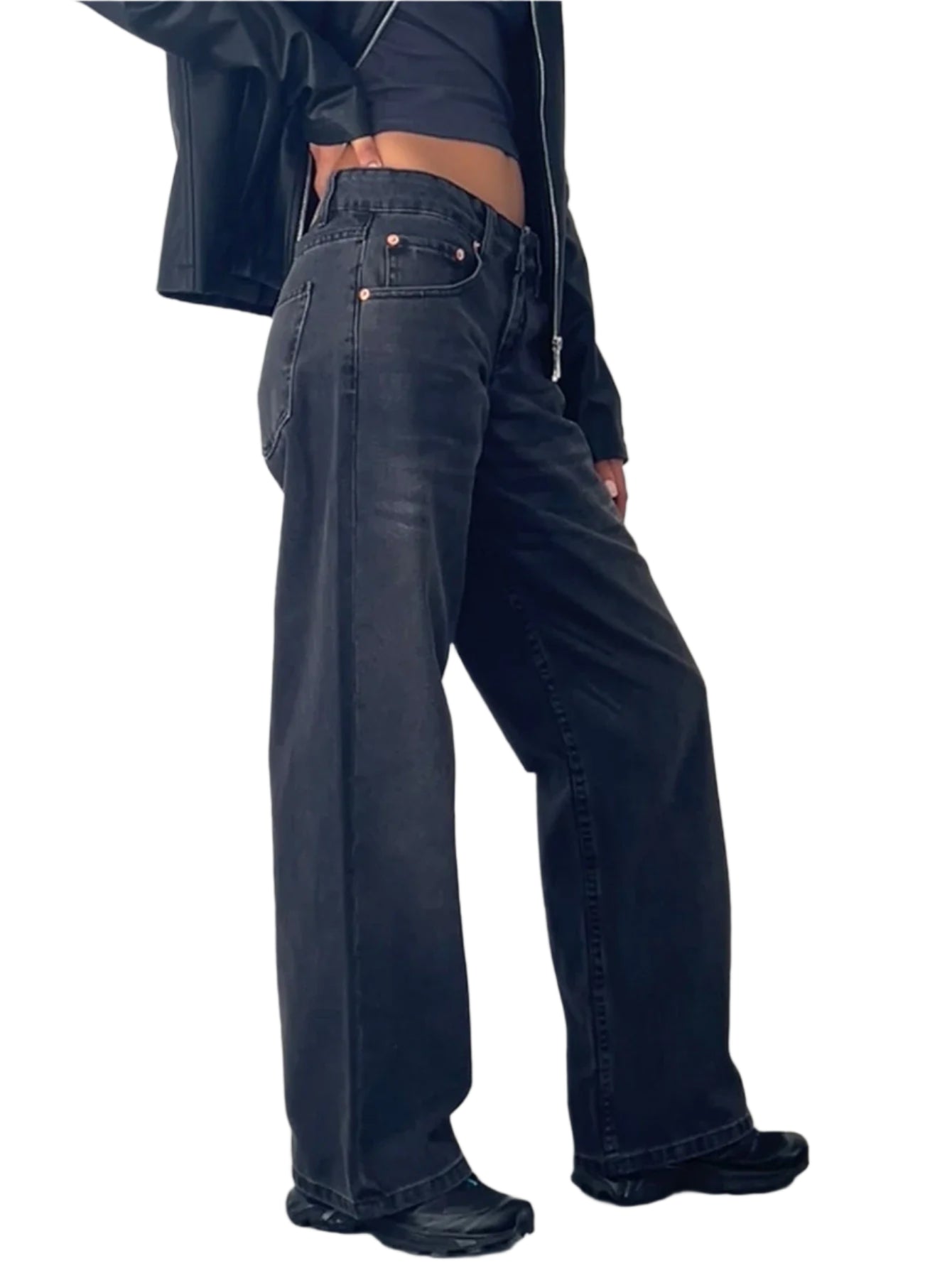 ג'ינס באגי כחול בגזרה גבוהה לנשים סגנון streetwear